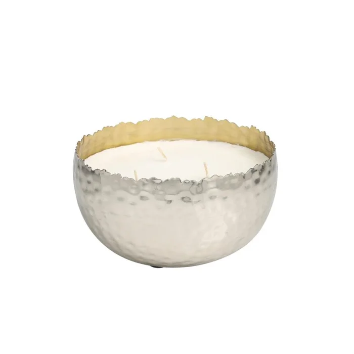 UMA Silver Metal Vanilla Marshmallow Scented Hammered 30 oz 3 Wick Decorative Candle with White Wax, 7″ x 7″ x 4″ | 60552