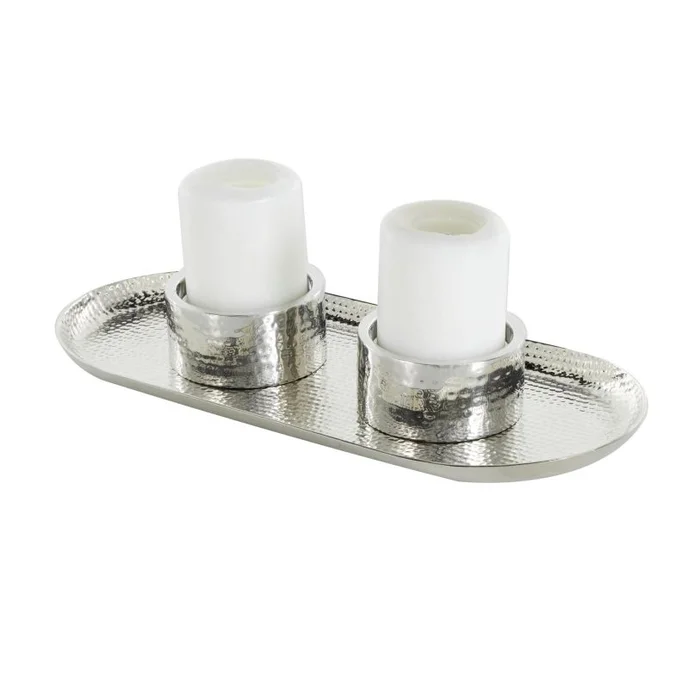 UMA Silver Stainless Steel Metal Hammered Decorative Candle Holder with Oval Tray Plate, 16″ x 7″ x 2″ | 13352