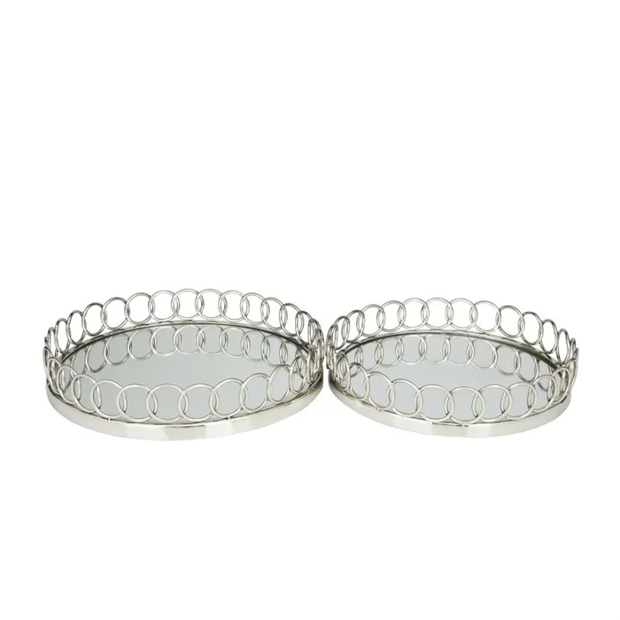 UMA Silver Stainless Steel Metal Mirrored Living Room Decor Tray with Circle Patterned Sides, Set of 2 16″, 14″W | 59242 CLOSEOUT