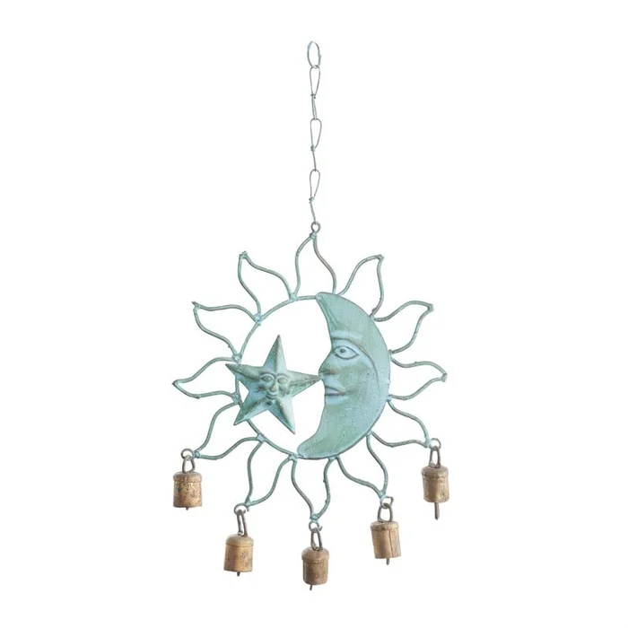 UMA Teal Metal Sun and Moon Indoor Outdoor Windchime with Bells, 11″ x 1″ x 13″ | 26647
