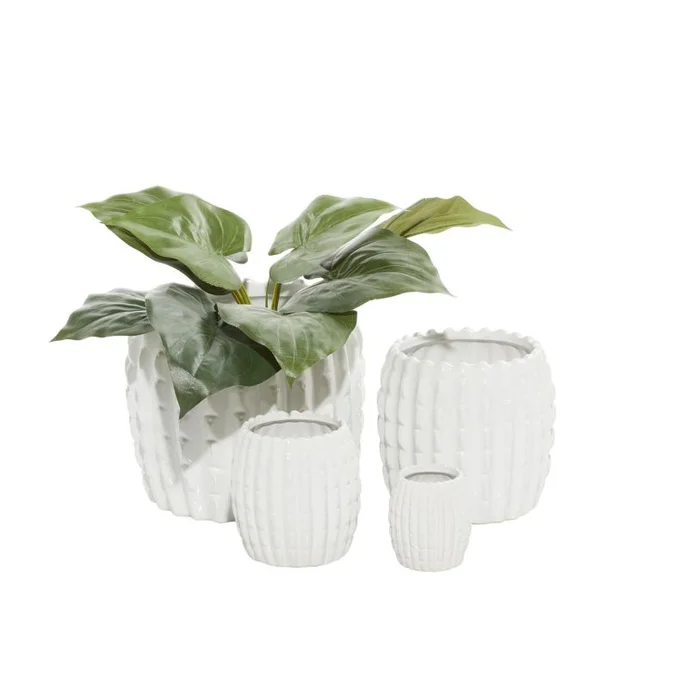 UMA White Ceramic Ribbed Indoor Outdoor Planter, Set of 4 9″, 7″, 6″, 4″H | 78687