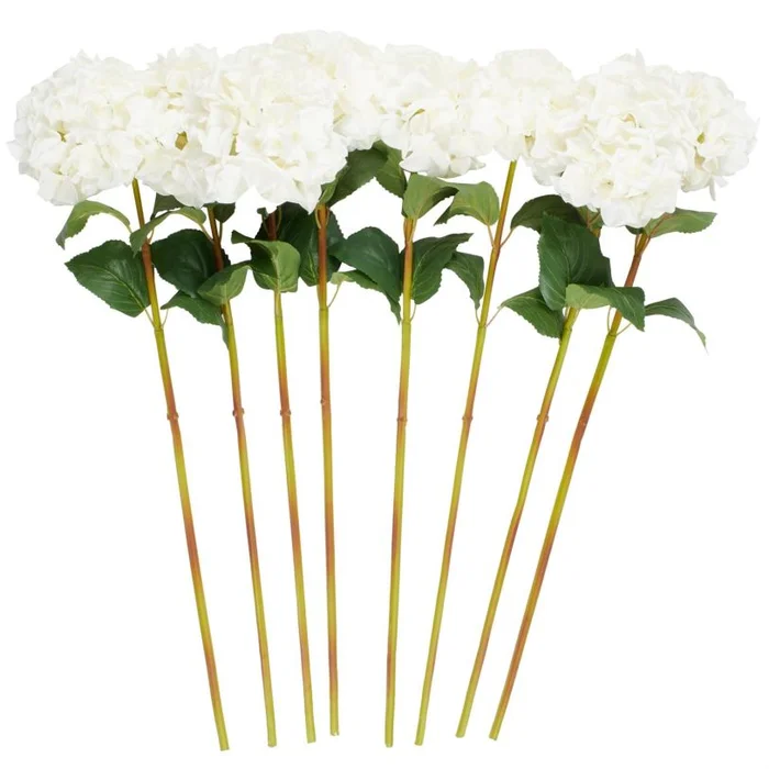 UMA White Faux Foliage Hydrangea Tall Indoor Outdoor Artificial Flower Stem, Set of 8 33″H | 14329