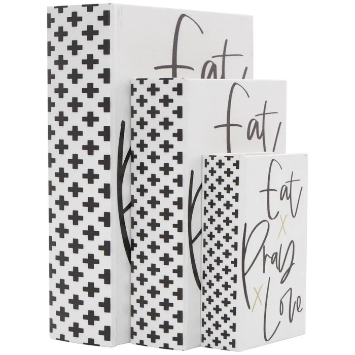 UMA White Faux Leather “Eat, Pray, Love” Book Storage Decorative Box with Black Checkered Spine and Gold Accents, Set of 3 11″, 8″, 6″H | 47151 CLOSEOUT