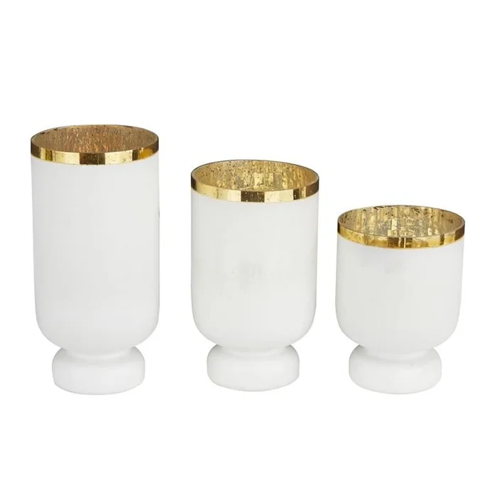 UMA White Glass Pillar Room Hurricane Lamp with Gold Interior, Set of 3 12″, 10″, 8″H | 76038
