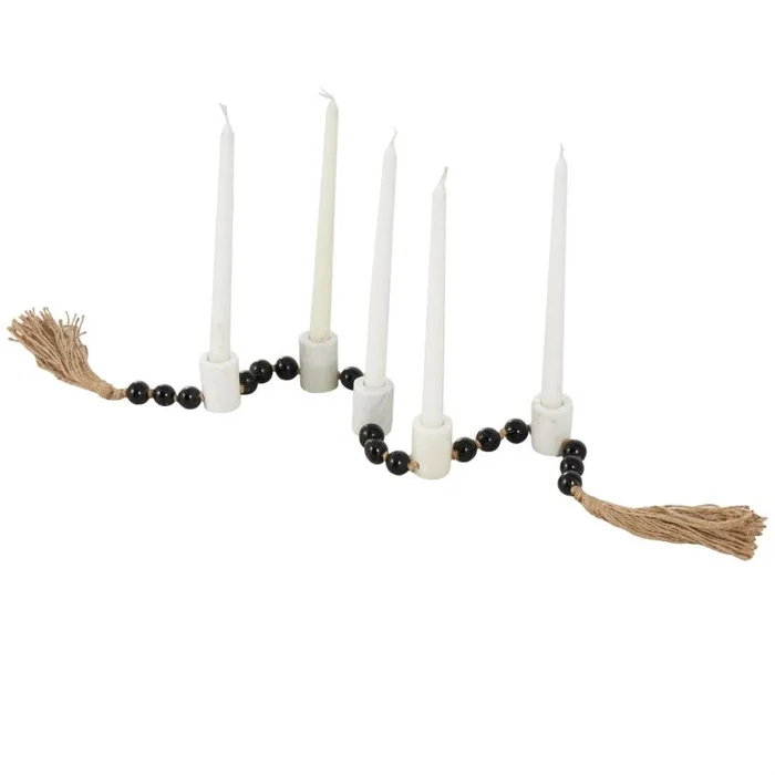 UMA White Marble Garland Decorative Candle Holder with Brown Tassel and Black Beads, 42″ x 2″ x 2″ | 17759