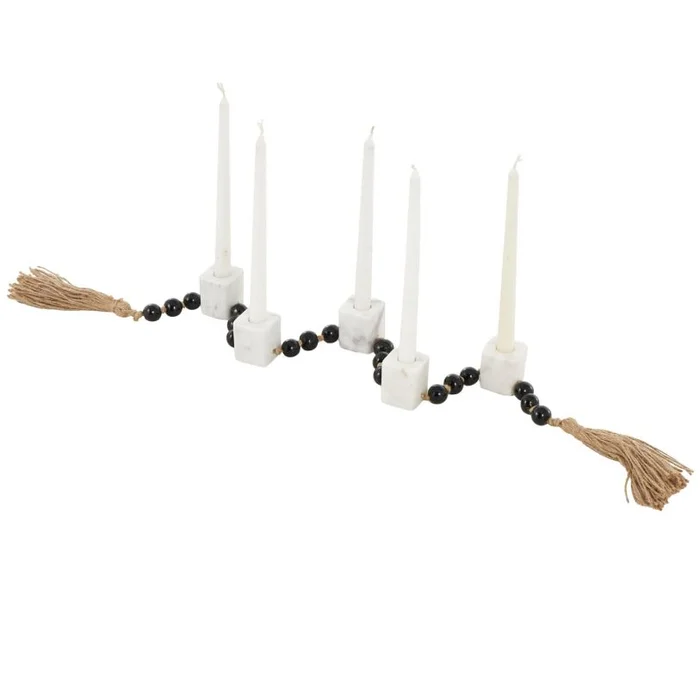 UMA White Marble Garland Decorative Candle Holder with Brown Tassel and Black Beads, 45″ x 2″ x 2″ | 17757