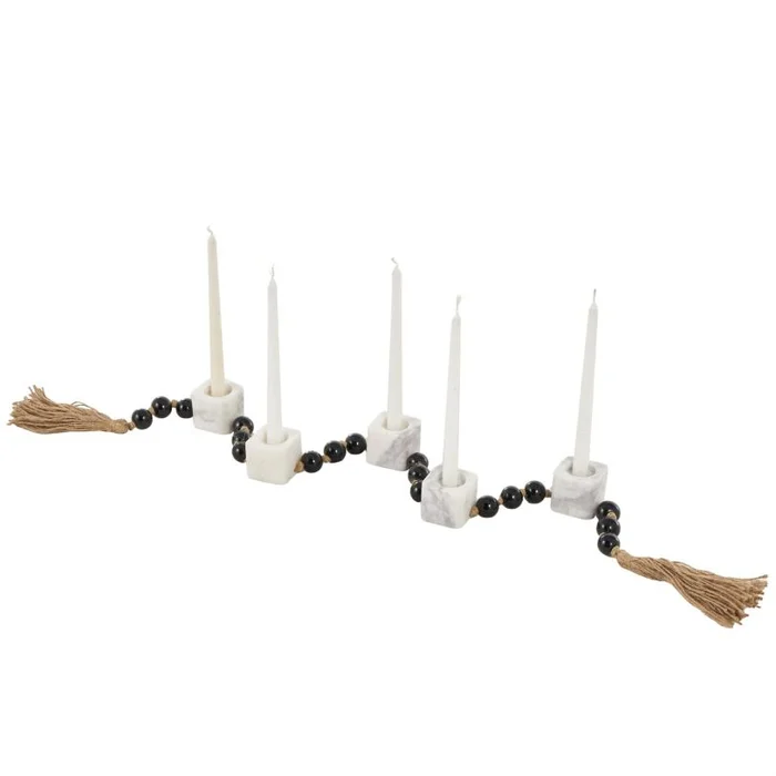 UMA White Marble Garland Decorative Candle Holder with Brown Tassel and Black Beads, 52″ x 2″ x 2″ | 17749