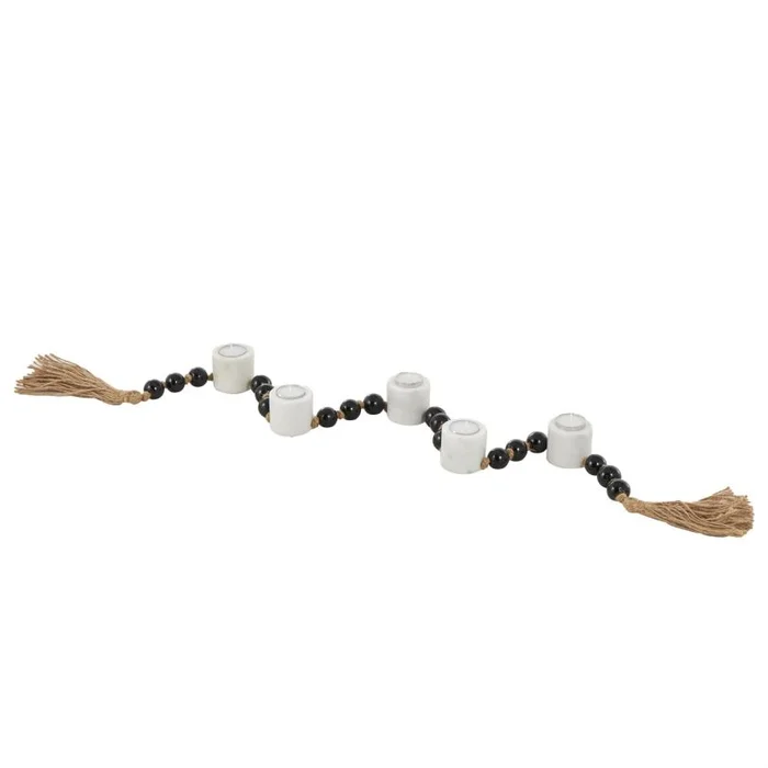 UMA White Marble Garland Decorative Candle Holder with Brown Tassel and Black Beads, 52″ x 2″ x 2″ | 17756