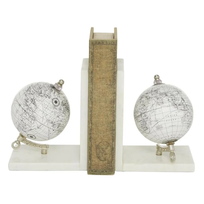 UMA White Marble Globe Decorative Bookends with Silver Metal Accents, Set of 2 5″W, 7″H | 24821