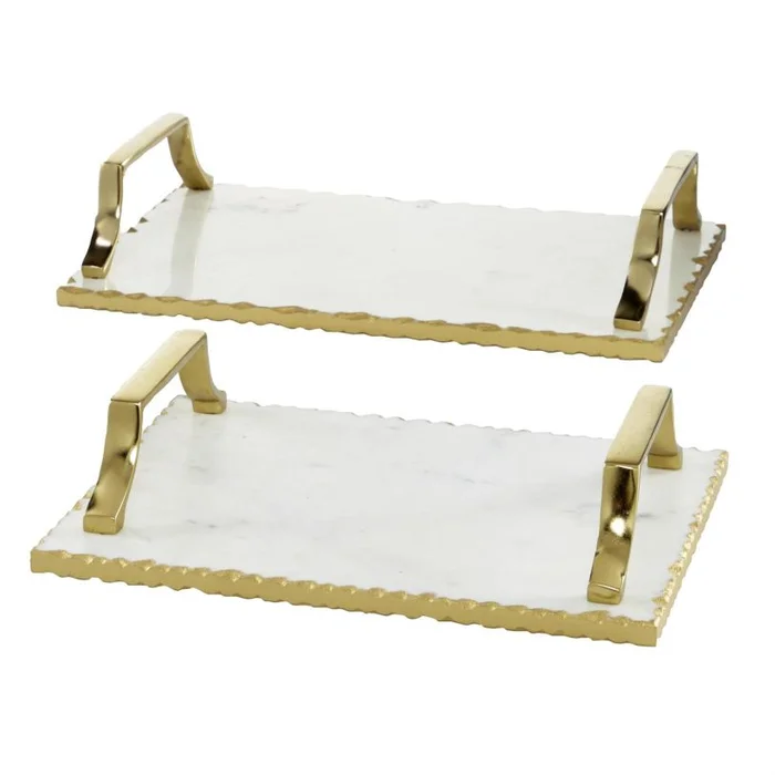UMA White Marble Living Room Decor Tray with Gold Handles, Set of 2 16″, 13″W | 51954