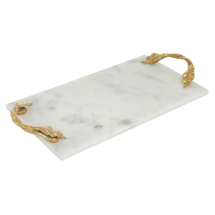 UMA White Marble Rectangular Living Room Decor Tray with Gold Twisted Leaf Handles, 21″ x 10″ x 2″ | 49639