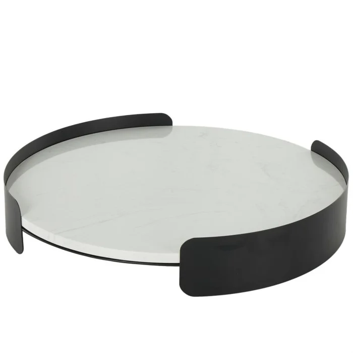 UMA White Marble Round Living Room Decor Tray with Black Metal Frame, 19″ x 19″ x 3″ | 16450