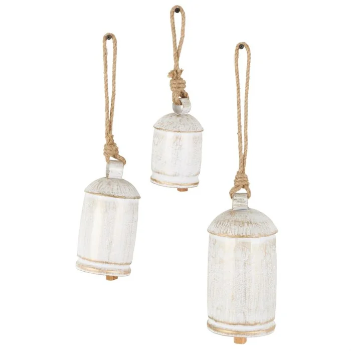 UMA White Metal Cluster Indoor Outdoor Decorative Cow Bells with Jute Hanging Rope, Set of 3 10″,8″,6″H | 17721