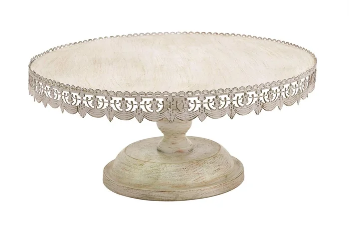 UMA White Metal Decorative Cake Stand with Lace Inspired Edge, 22″ x 22″ x 10″ | 50482