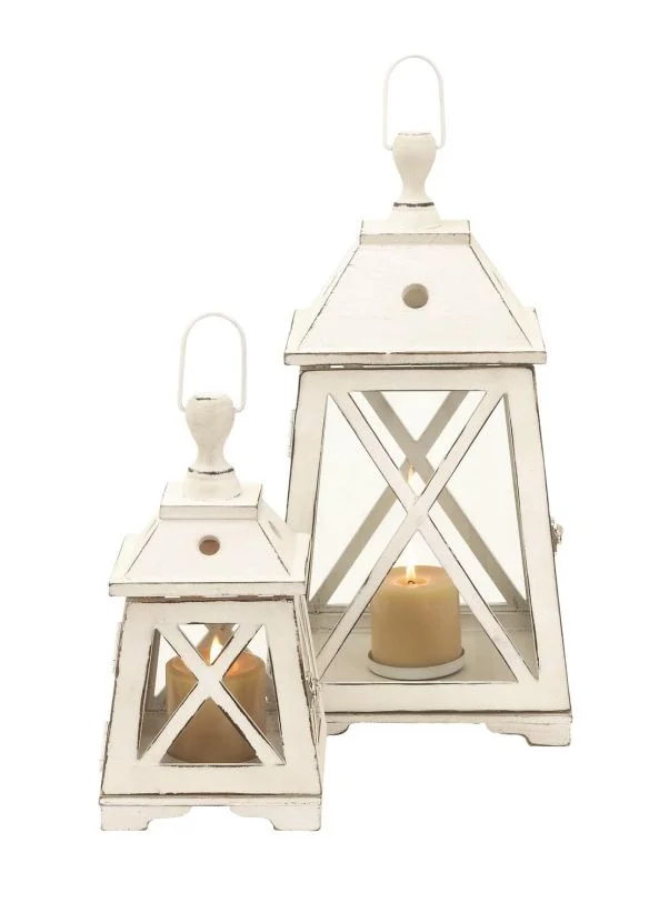 UMA White Metal Lighthouse Style Decorative Indoor Outdoor Candle Lantern, Set of 2 19″, 12″H | 50223