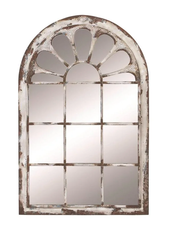 UMA White Metal Window Pane Inspired Room Wall Mirror with Arched Top, 34″ x 2″ x 52″ | 52781