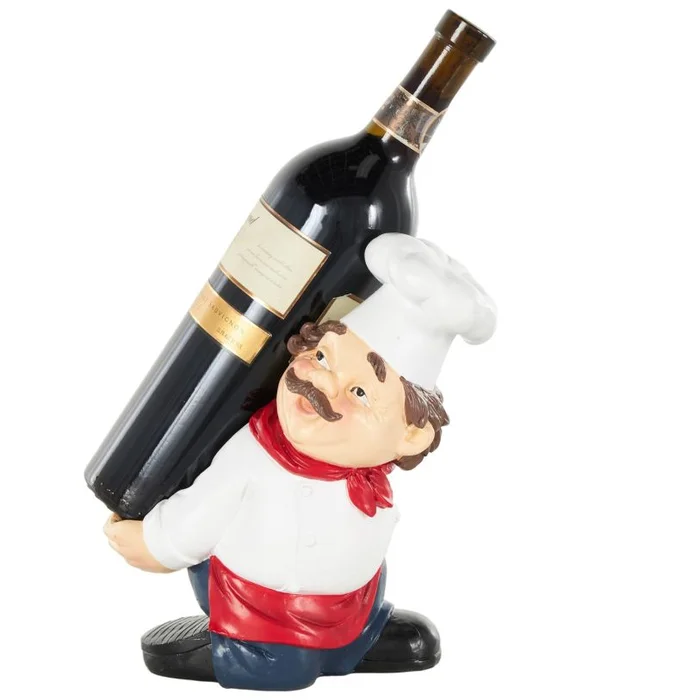UMA White Polystone Chef Kitchen Decorative Figurine Single Bottle Wine Holder with Red Accents, 8″ x 4″ x 9″ | 17543