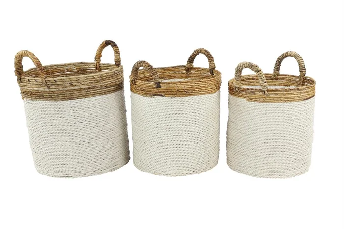 UMA White Seagrass Handmade Two Toned Decorative and Functional Storage Basket with Handles, Set of 3 16″, 14″, 13″W | 35984