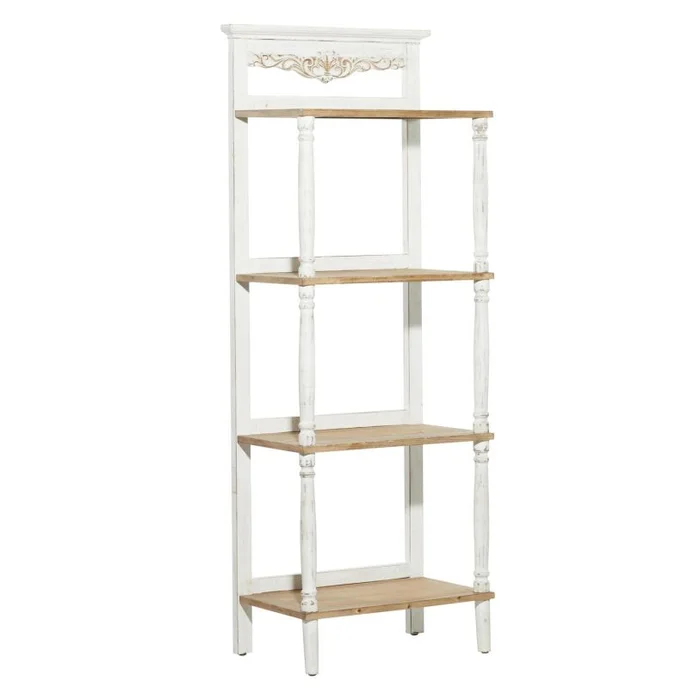 UMA White Wood Floral Intricately Carved 4 Shelves Storage Shelving Unit, 22″ x 13″ x 57″ | 39735