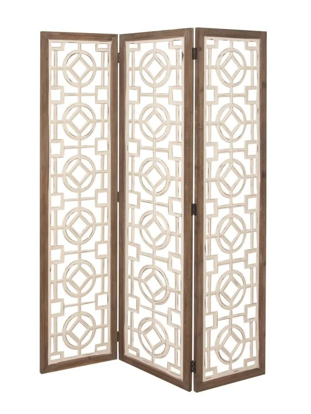 UMA White Wood Geometric Hinged Foldable Partition 3 Panel Partition Room Divider Screen with Intricately Carved Designs, 54″ x 1″ x 72″ | 84339