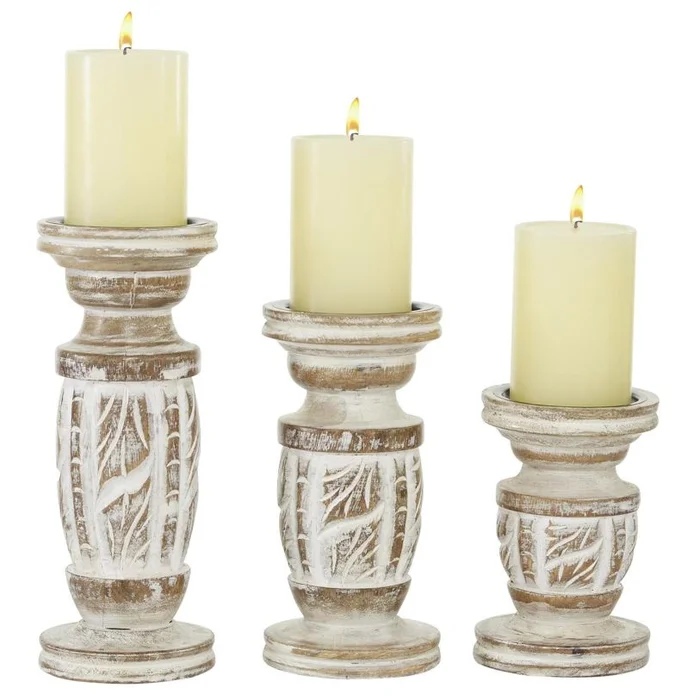 UMA White Wood Handmade Decorative Candle Holder with Carved Designs, Set of 3 6″, 8″, 10″H | 78288