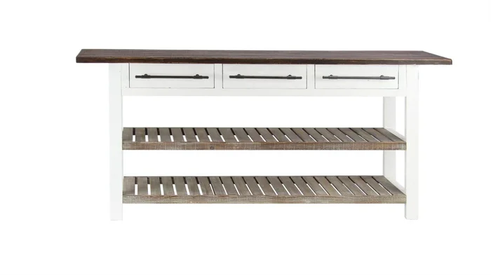 UMA White Wood Long Kitchen Island Style 3 Drawers and 2 Shelves Living Room Console Table, 71″ x 16″ x 32″ | 46020