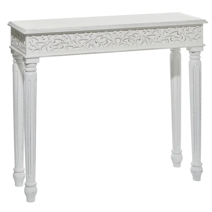 UMA White Wood Scroll Intricately Carved Slim Living Room Console Table with Turned Legs, 36″ x 12″ x 30″ | 31910