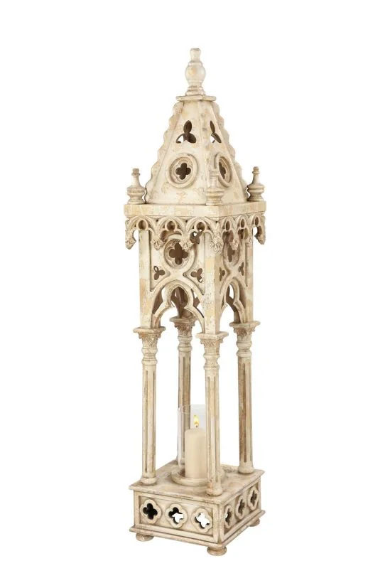 UMA White Wood Standing Decorative Indoor Outdoor Candle Lantern, 12″ x 12″ x 55″ | 20486