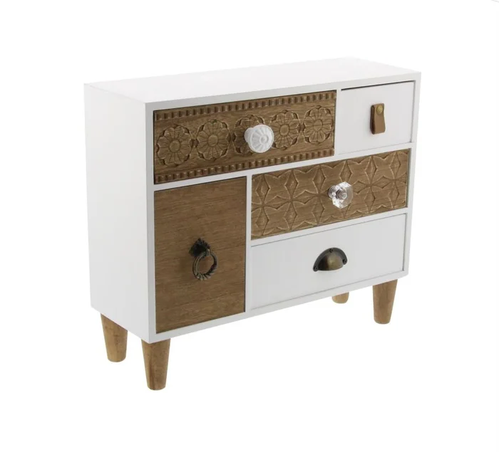 UMA White Wooden Carved 5 Drawers Jewelry Box with Varying Knobs, 14″ x 6″ x 12″ | 85262 CLOSEOUT