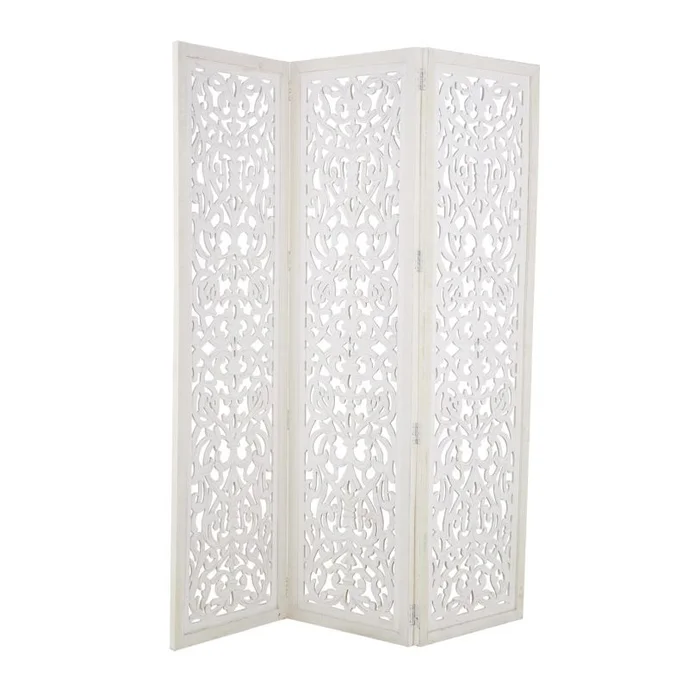 UMA White Wooden Floral Handmade Hinged Foldable Partition 3 Panel Partition Room Divider Screen with Intricate Carved Design, 60″ x 1″ x 69″ | 86489