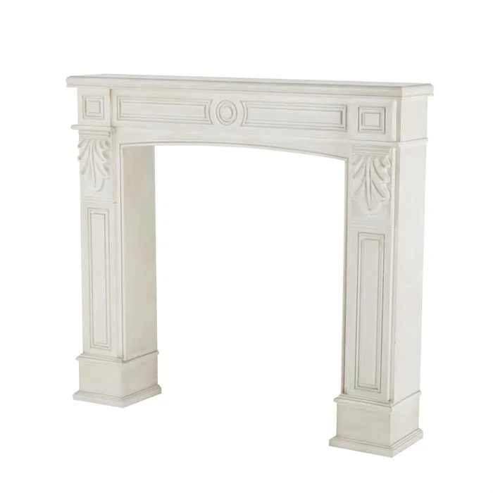 UMA White Wooden Freestanding Fireplace Mantle with Leaf Accents, 47″ x 9″ x 43″ | 15811
