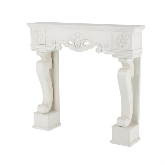 UMA White Wooden Scroll Freestanding Fireplace Mantle with Floral Accents, 45″ x 10″ x 42″ | 15809