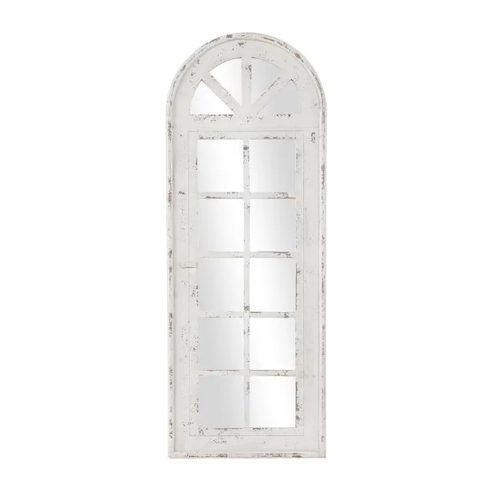 UMA White Wooden Window Pane Inspired Room Wall Mirror with Arched Top and Distressing, 20″ x 1″ x 53″ | 18101