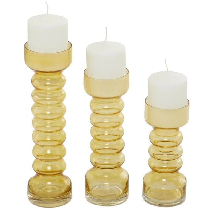 UMA Yellow Glass Bubble Pillar Decorative Candle Holder, Set of 3 13″, 11″, 8″H | 12351