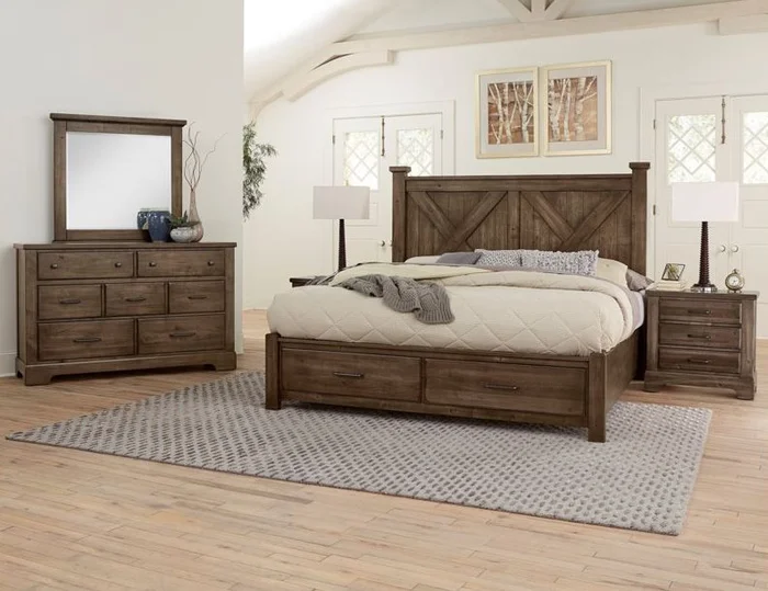 Vaughan-Bassett Cool Rustic 2pc Barndoor X Headboard with Storage Bedroom Set in Mink