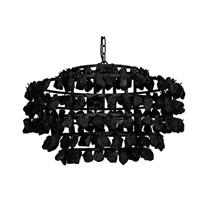 vulcan chandelier, black steel with black glass