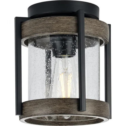 Whitmire Collection One-Light Matte Black with Aged Oak Accents Clear Seeded Glass Farmhouse Outdoor (149|P550109-31M)