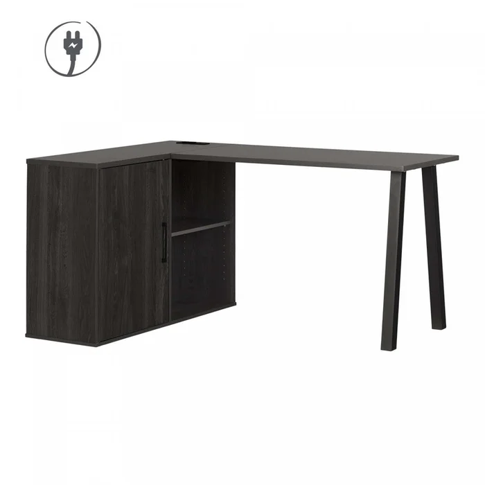 Zolten L-Shaped Desk with Power Bar – Grey Oak|Bureau dordinateur en forme deL Zolten avec multiprise – chne gris
